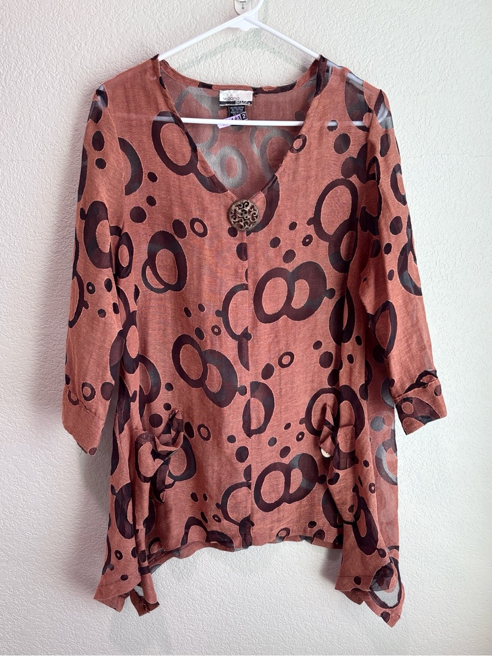 Mirror Image Artsy Lagenlook Abstract Circle Tunic Top Sheer Rust Brown Medium